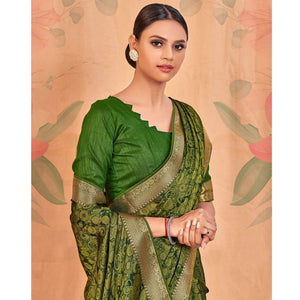 Mehendi Green Casual Wear Printed Chiffon Saree With Banarasi Lace