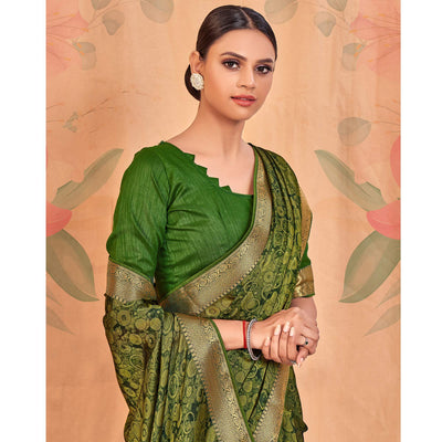 Mehendi Green Casual Wear Printed Chiffon Saree With Banarasi Lace