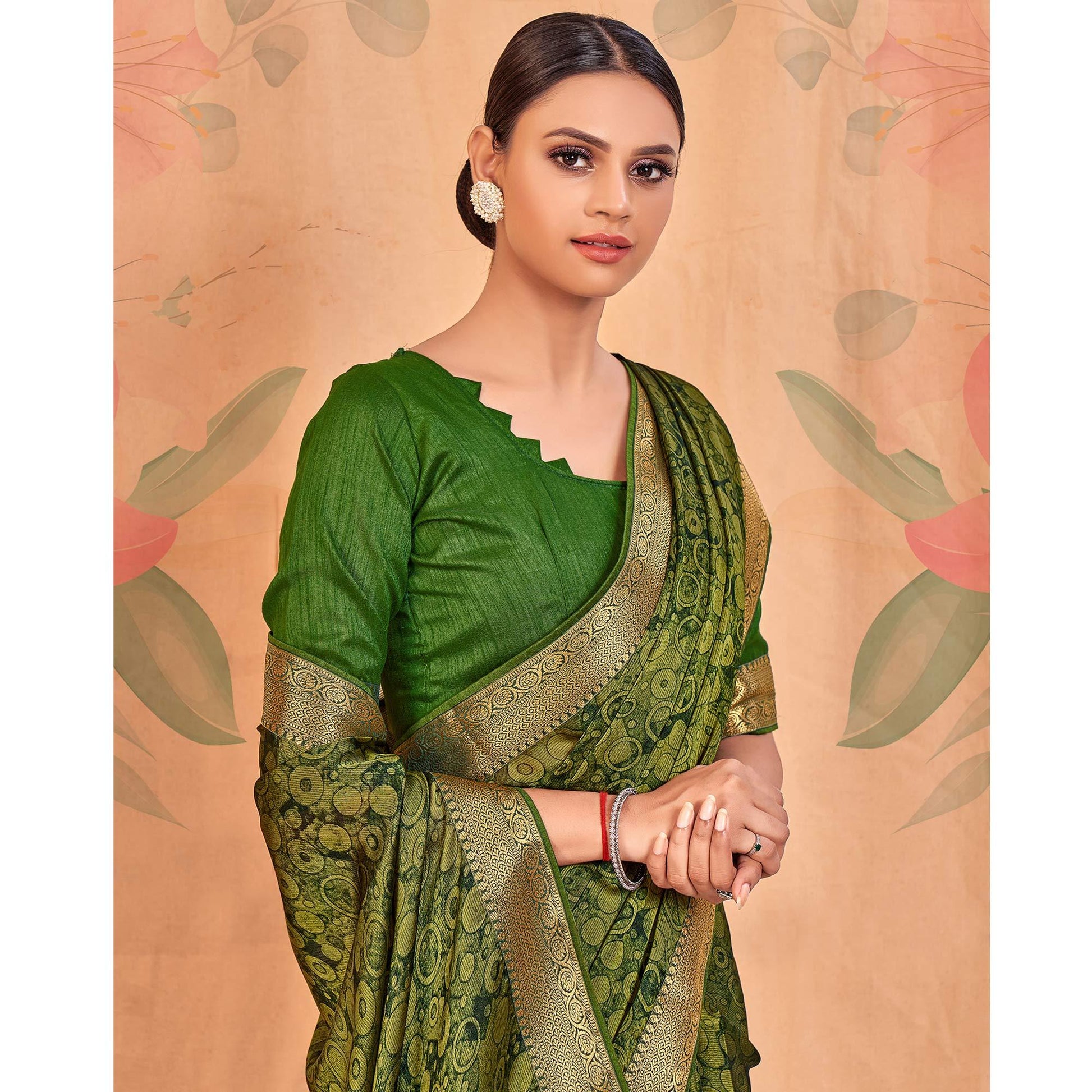 Mehendi Green Casual Wear Printed Chiffon Saree With Banarasi Lace