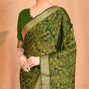 Mehendi Green Casual Wear Printed Chiffon Saree With Banarasi Lace