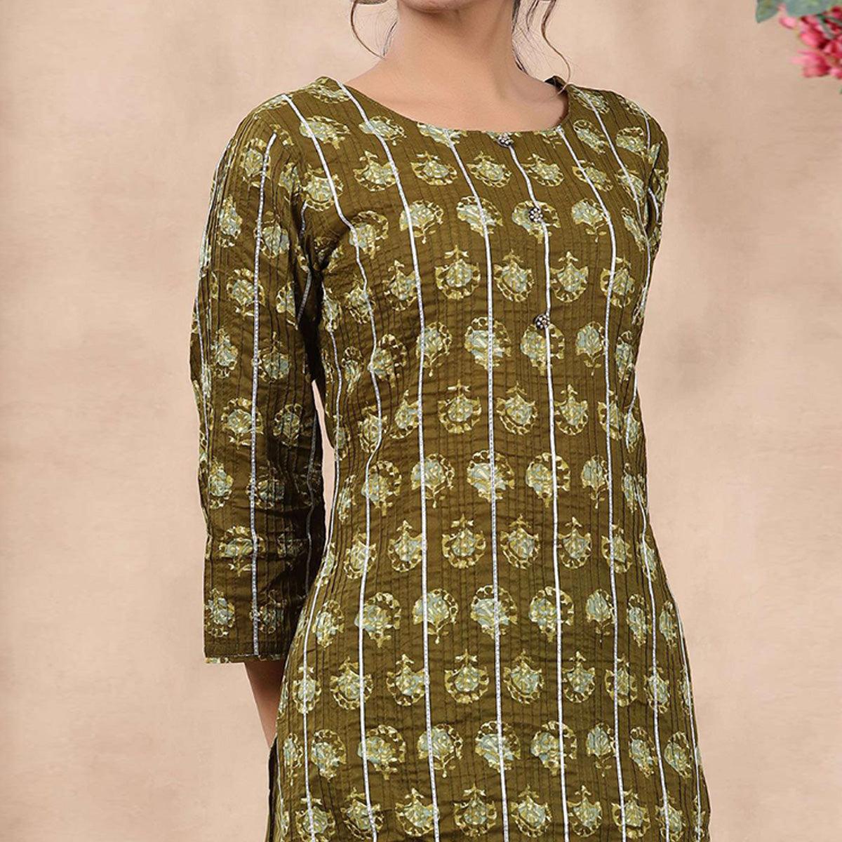 Mehendi Green Casual Wear Printed Cotton Kurti - Pant Set