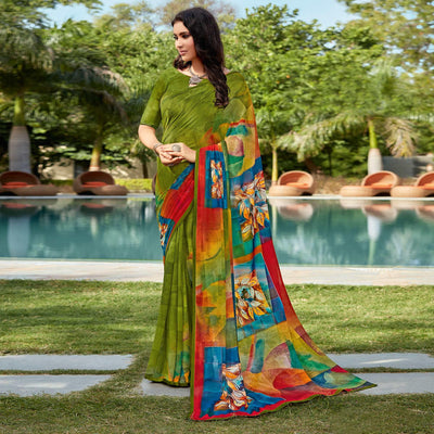 Mehendi Green Casual Wear Printed Georgette Saree