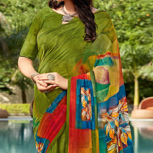 Mehendi Green Casual Wear Printed Georgette Saree