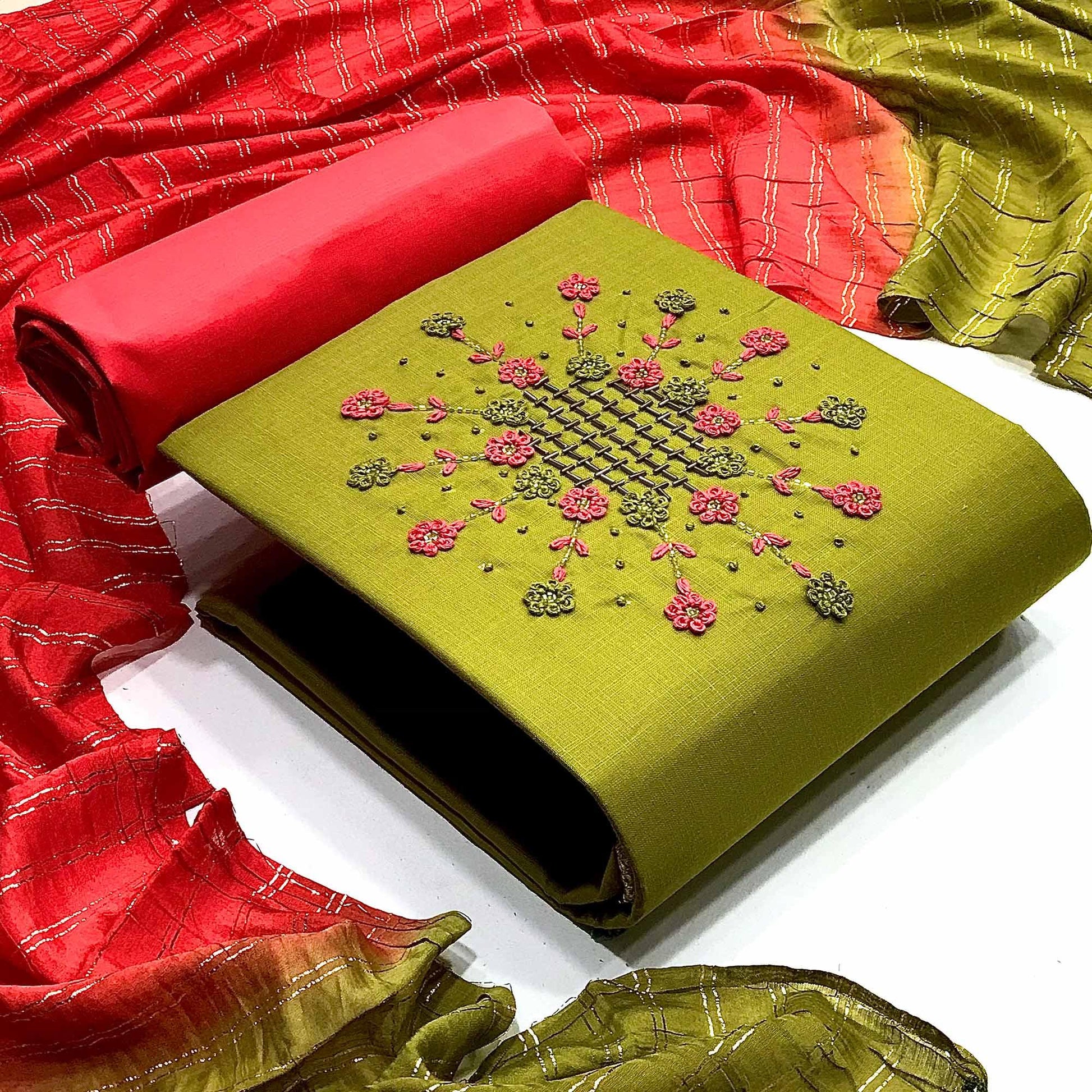 Mehendi Green Casual Wear Thread & Embellished Khatli Work Cotton Dress Material