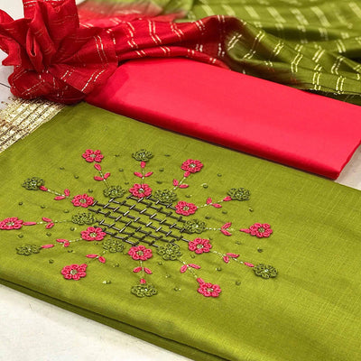 Mehendi Green Casual Wear Thread & Embellished Khatli Work Cotton Dress Material