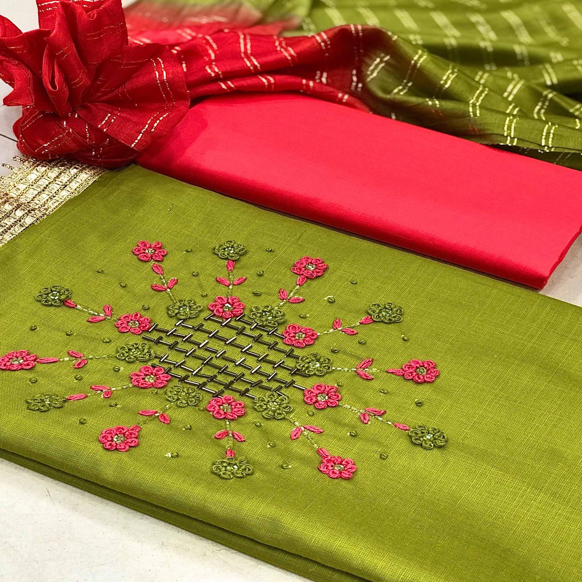 Mehendi Green Casual Wear Thread & Embellished Khatli Work Cotton Dress Material