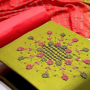 Mehendi Green Casual Wear Thread & Embellished Khatli Work Cotton Dress Material