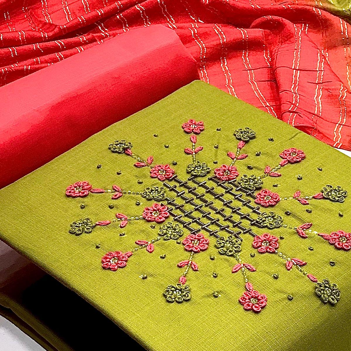 Mehendi Green Casual Wear Thread & Embellished Khatli Work Cotton Dress Material