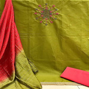 Mehendi Green Casual Wear Thread & Embellished Khatli Work Cotton Dress Material