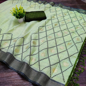 Mehendi Green Casual Wear Woven Cotton Saree With Mukaish Work