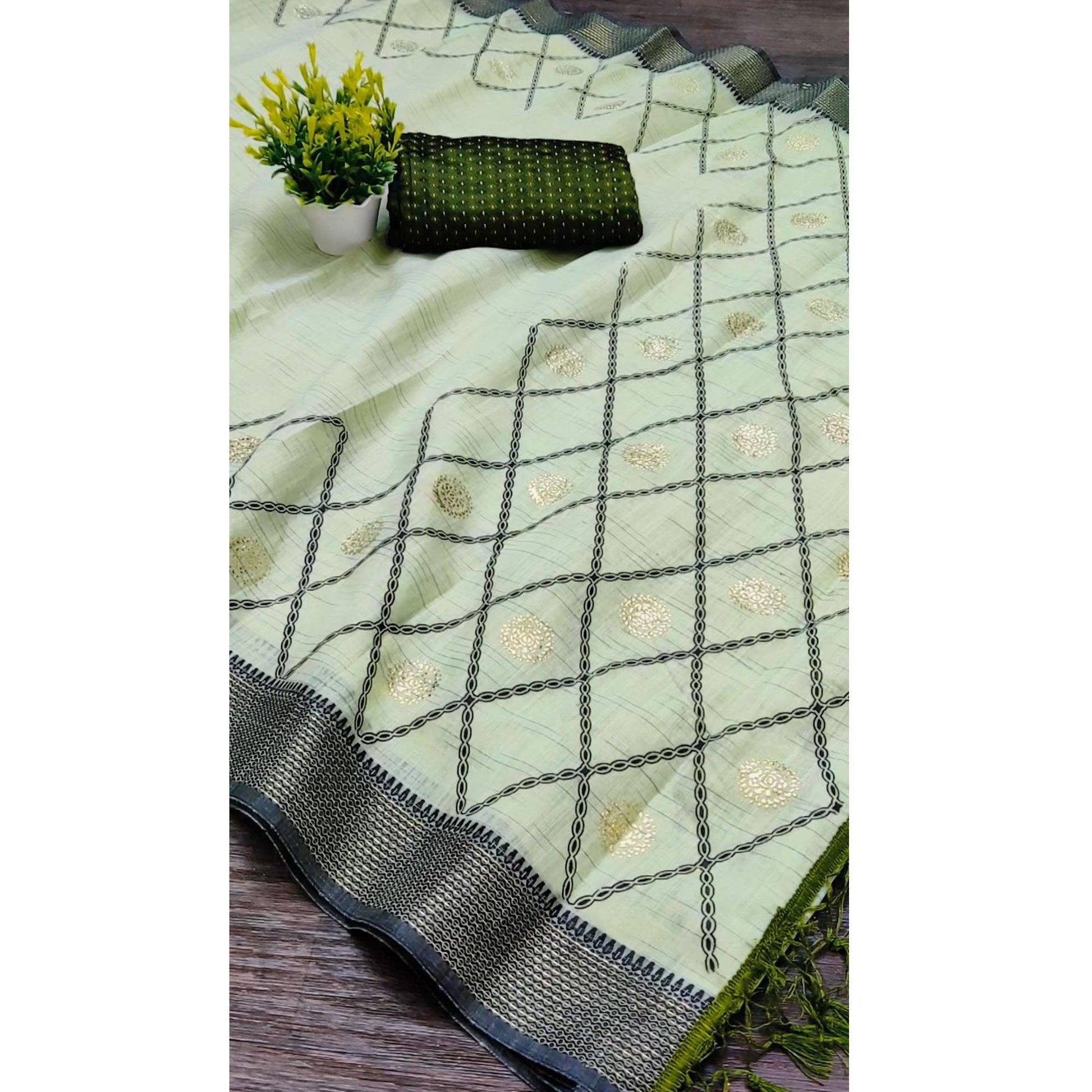 Mehendi Green Casual Wear Woven Cotton Saree With Mukaish Work