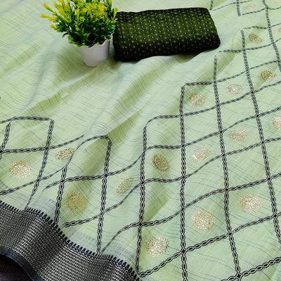 Mehendi Green Casual Wear Woven Cotton Saree With Mukaish Work