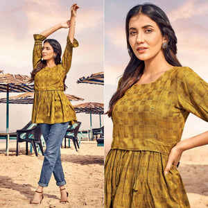 Mehendi Green Checks Printed Rayon Top