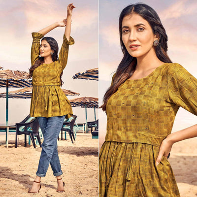 Mehendi Green Checks Printed Rayon Top