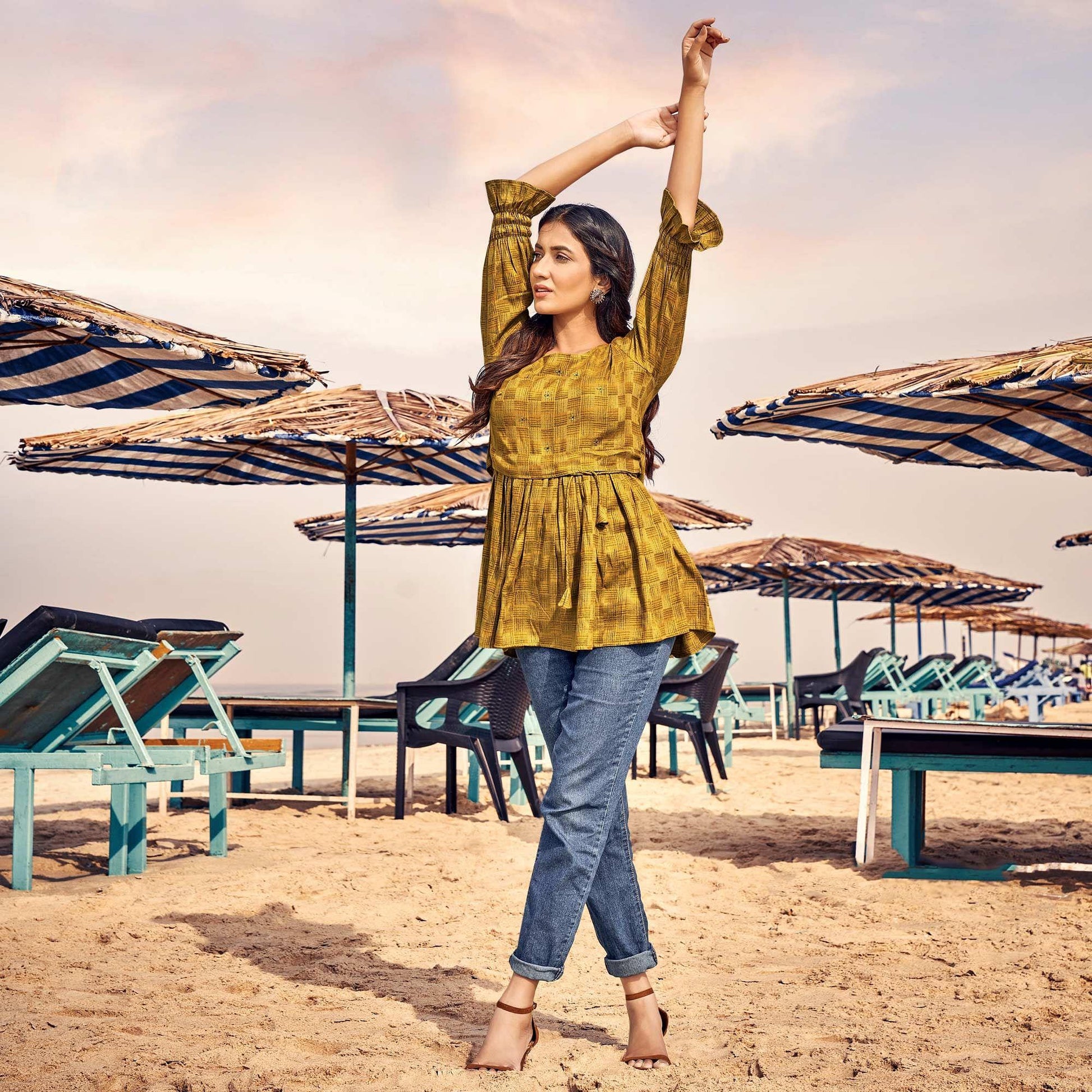 Mehendi Green Checks Printed Rayon Top