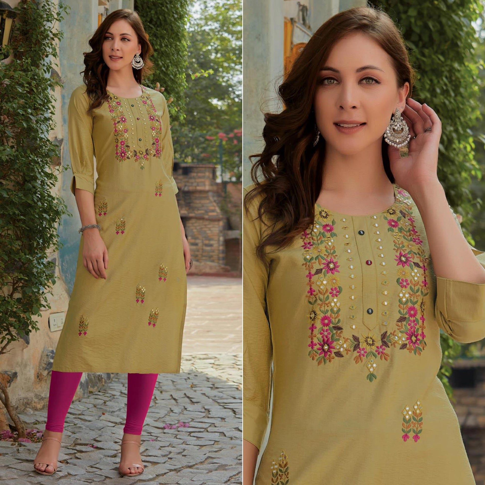 Mehendi Green Embroidered Cotton Silk Kurti