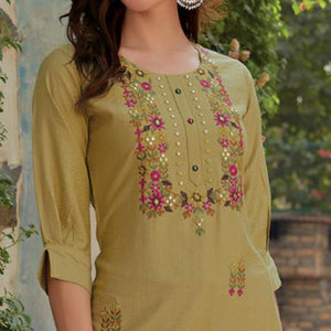 Mehendi Green Embroidered Cotton Silk Kurti