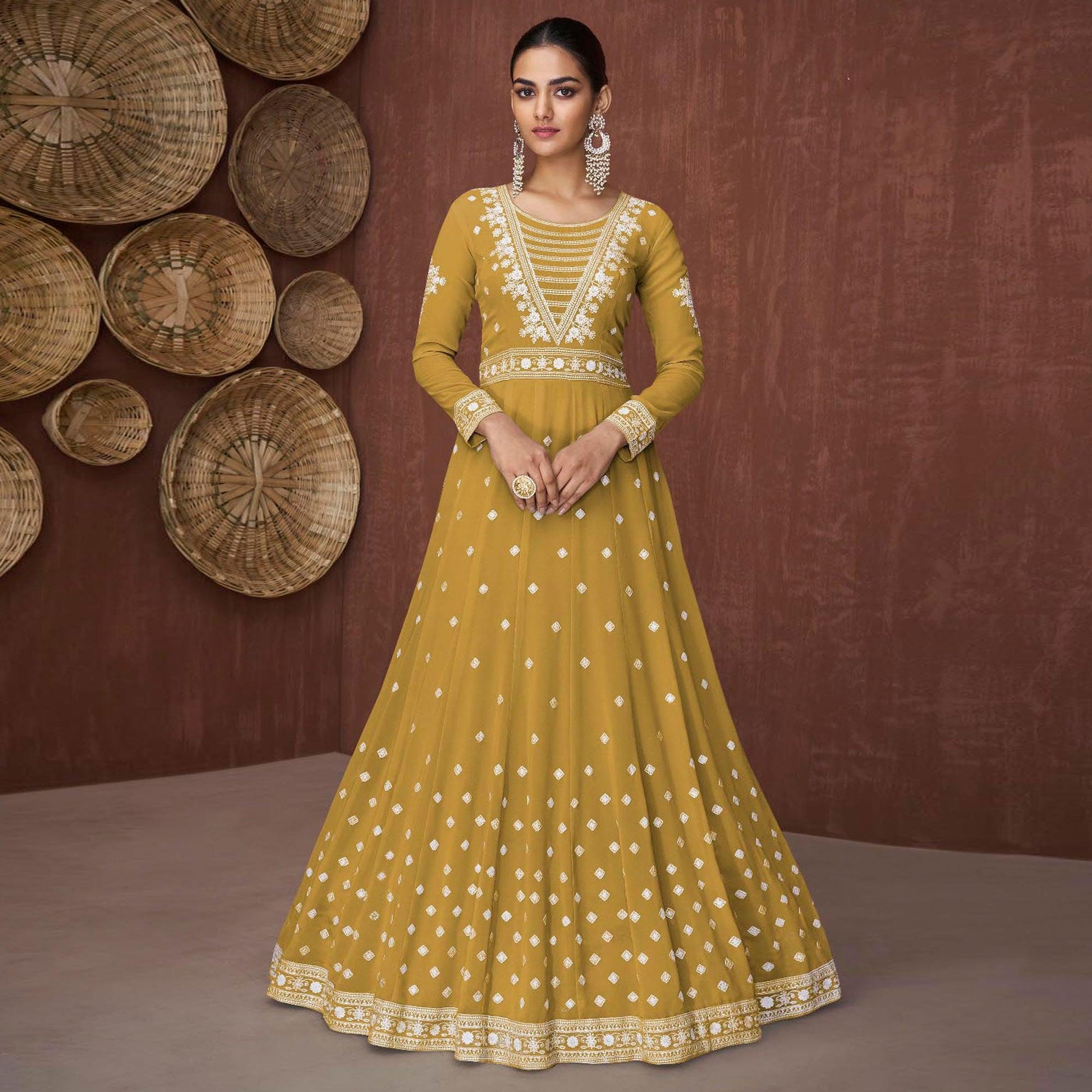 Mehendi Green Embroidered Georgette Gown