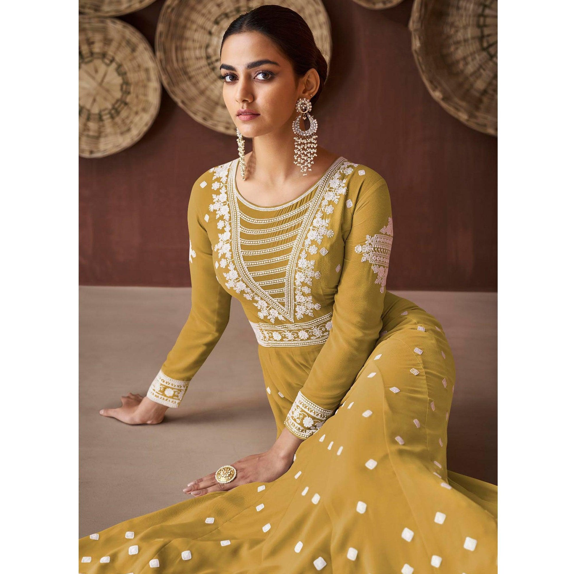 Mehendi Green Embroidered Georgette Gown