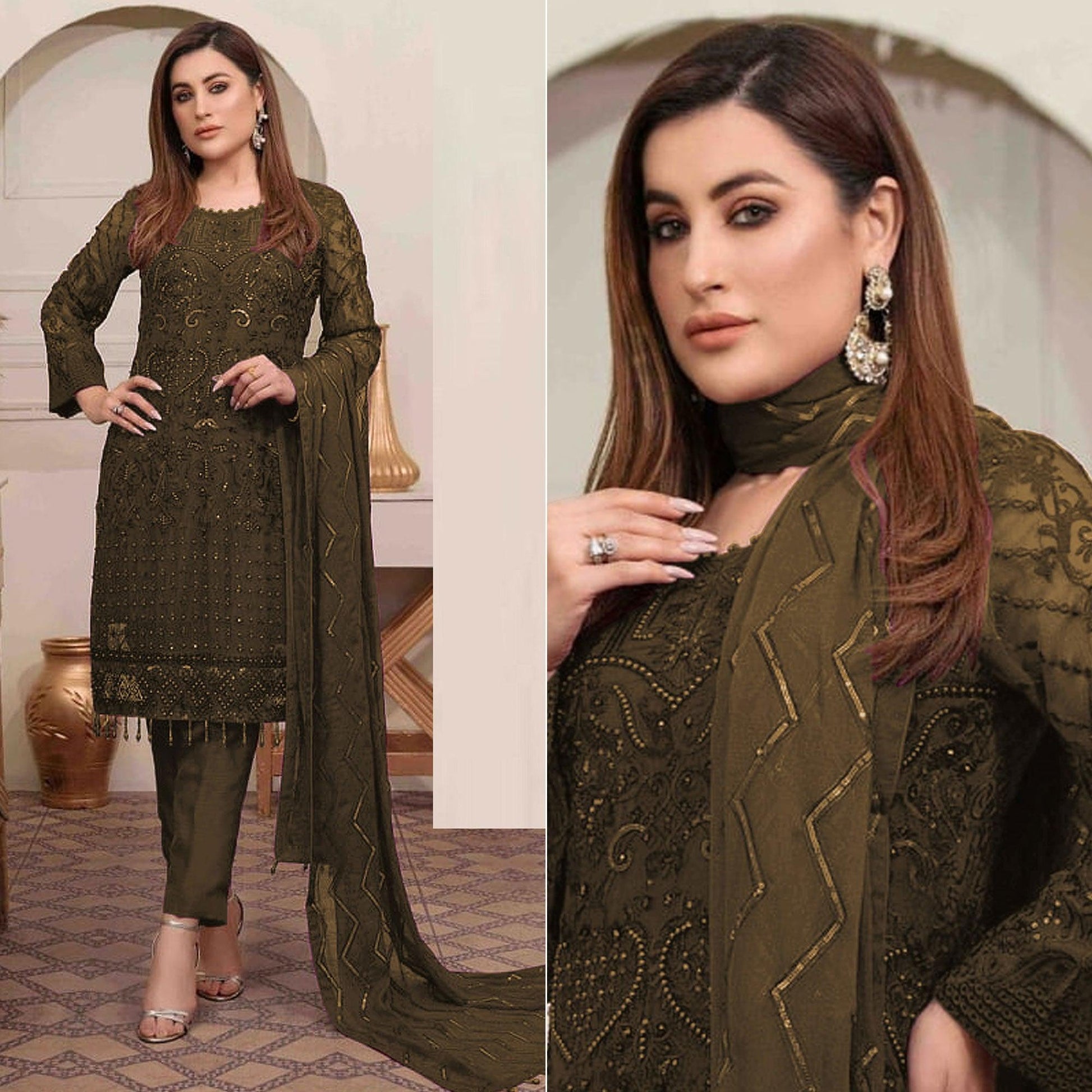 Mehendi Green Embroidered Georgette Pakistani Suit