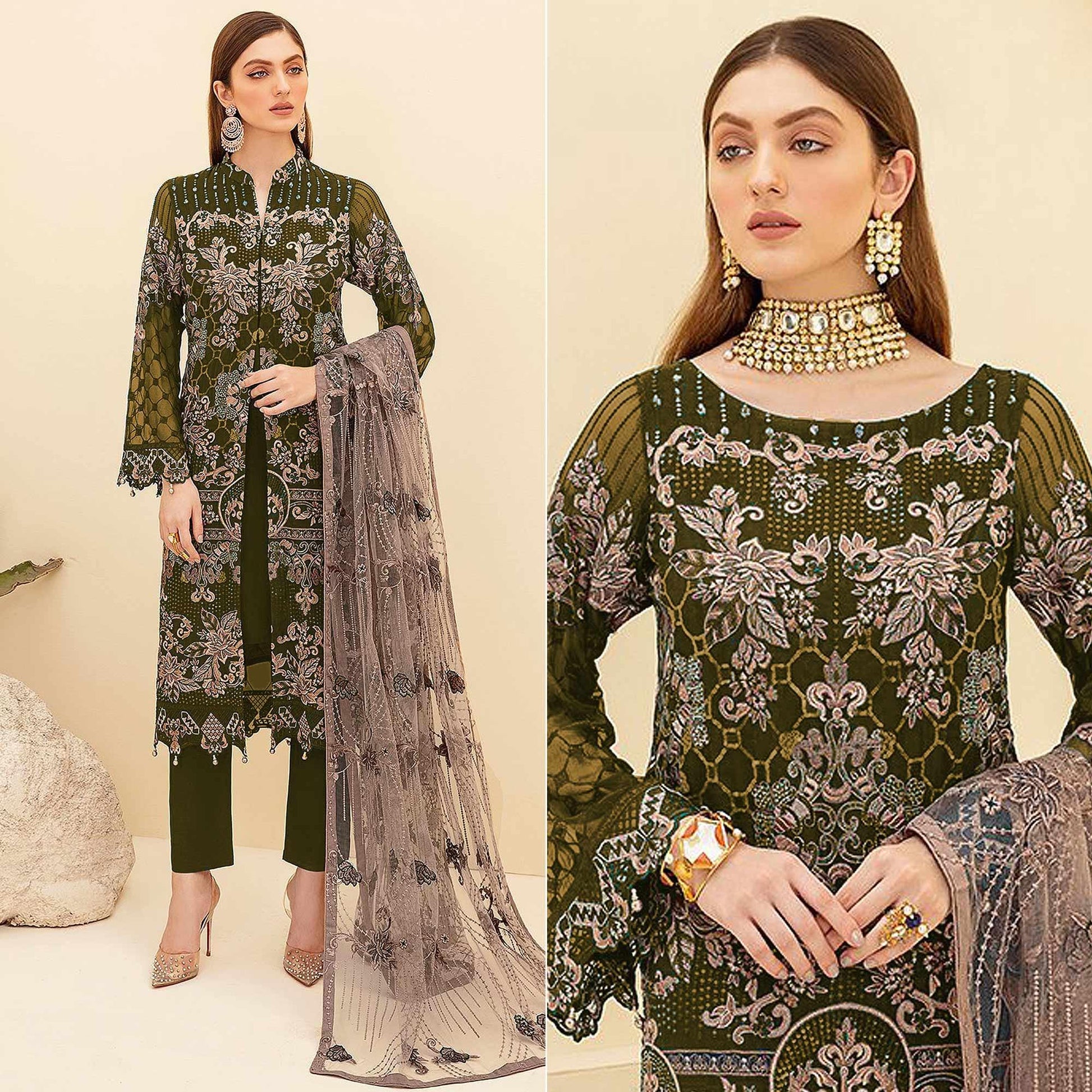 Mehendi Green Embroidered Georgette Pakistani Suit