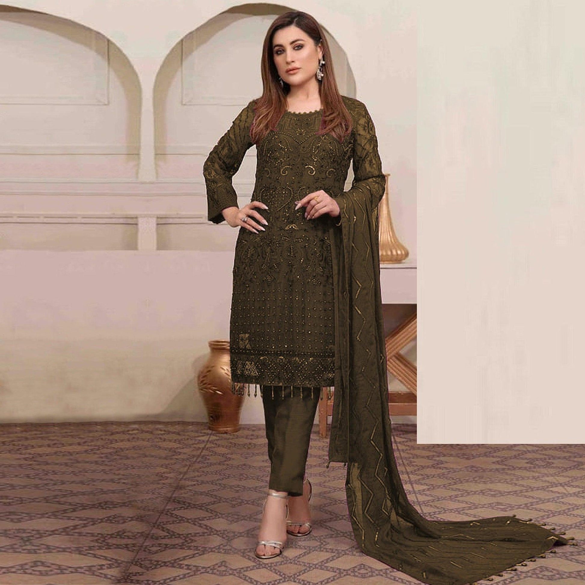 Mehendi Green Embroidered Georgette Pakistani Suit