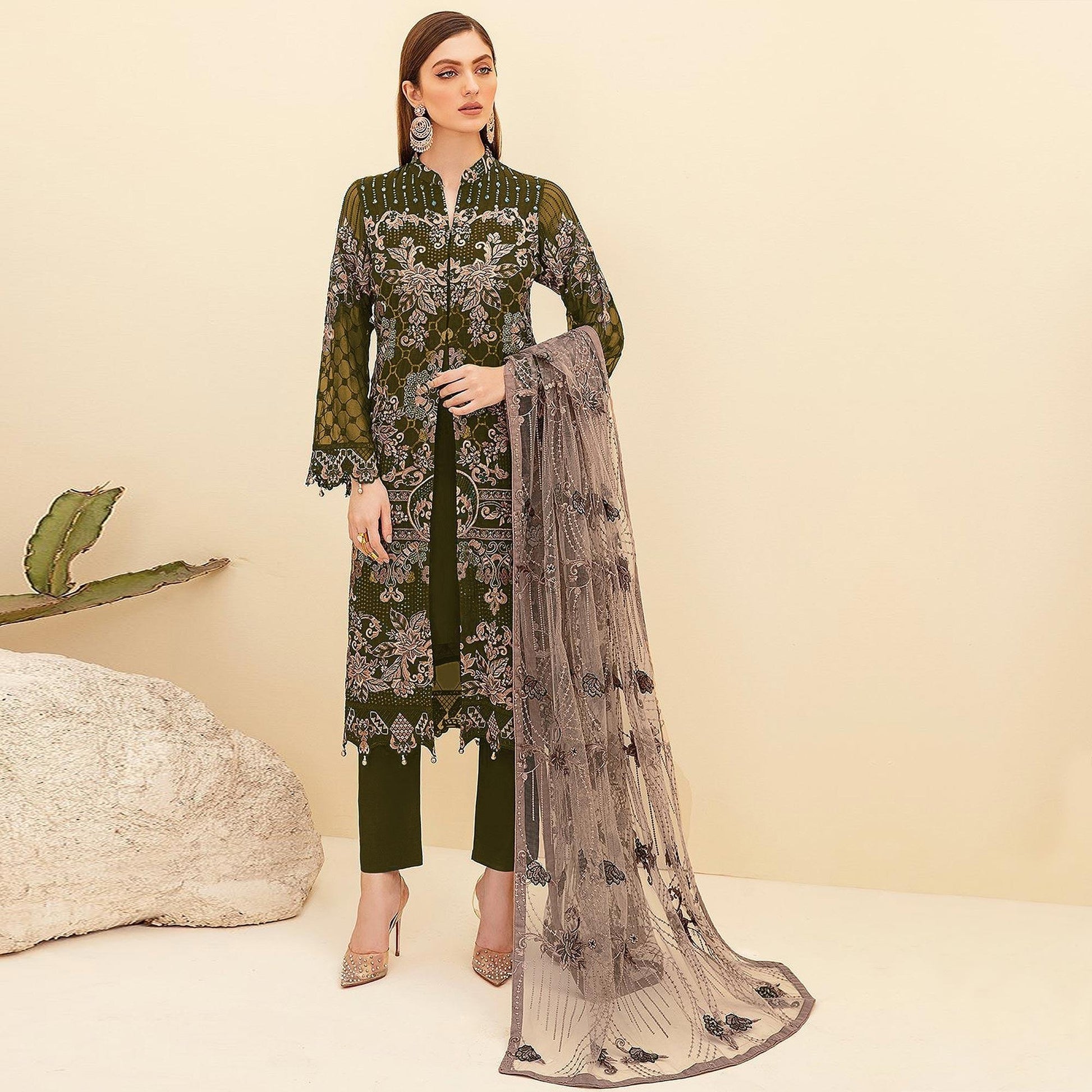 Mehendi Green Embroidered Georgette Pakistani Suit