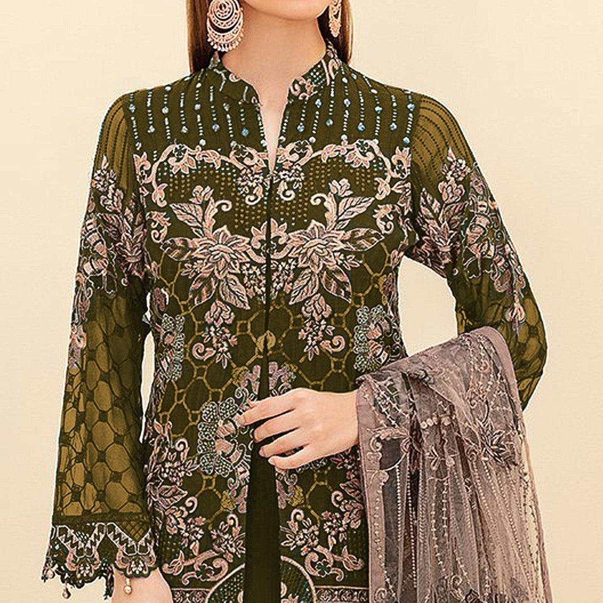 Mehendi Green Embroidered Georgette Pakistani Suit
