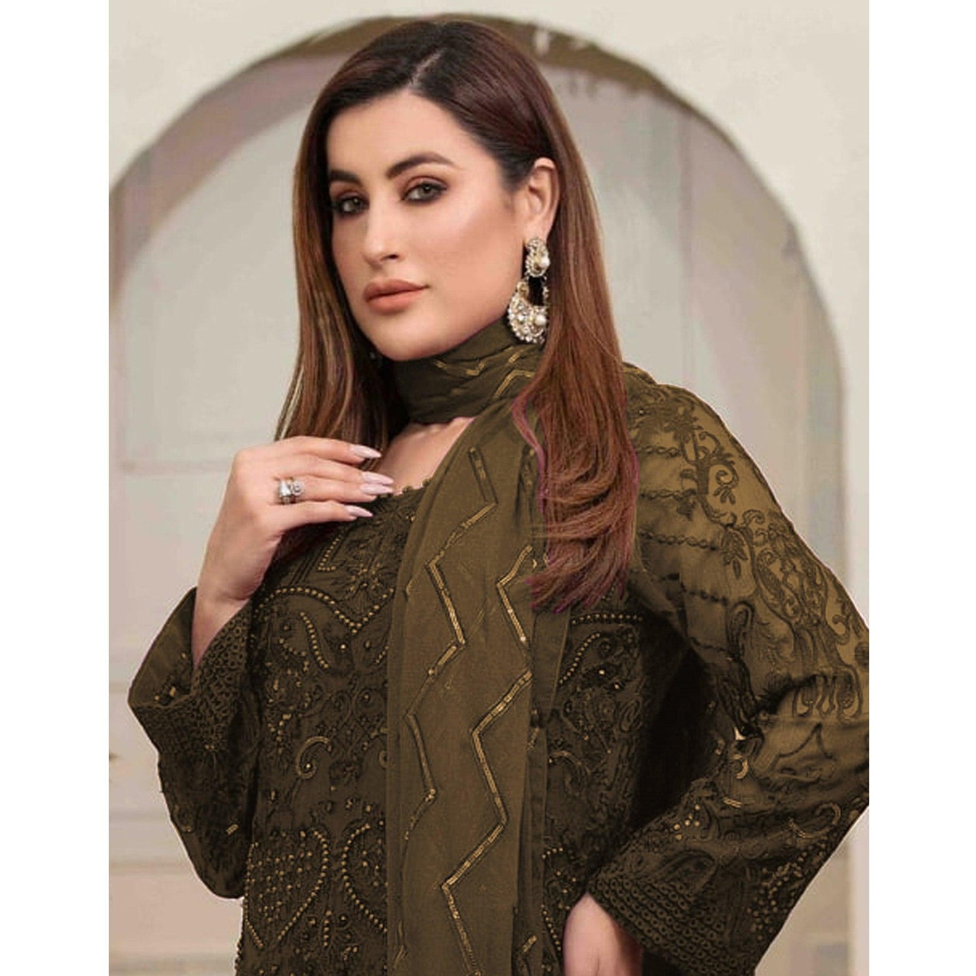 Mehendi Green Embroidered Georgette Pakistani Suit