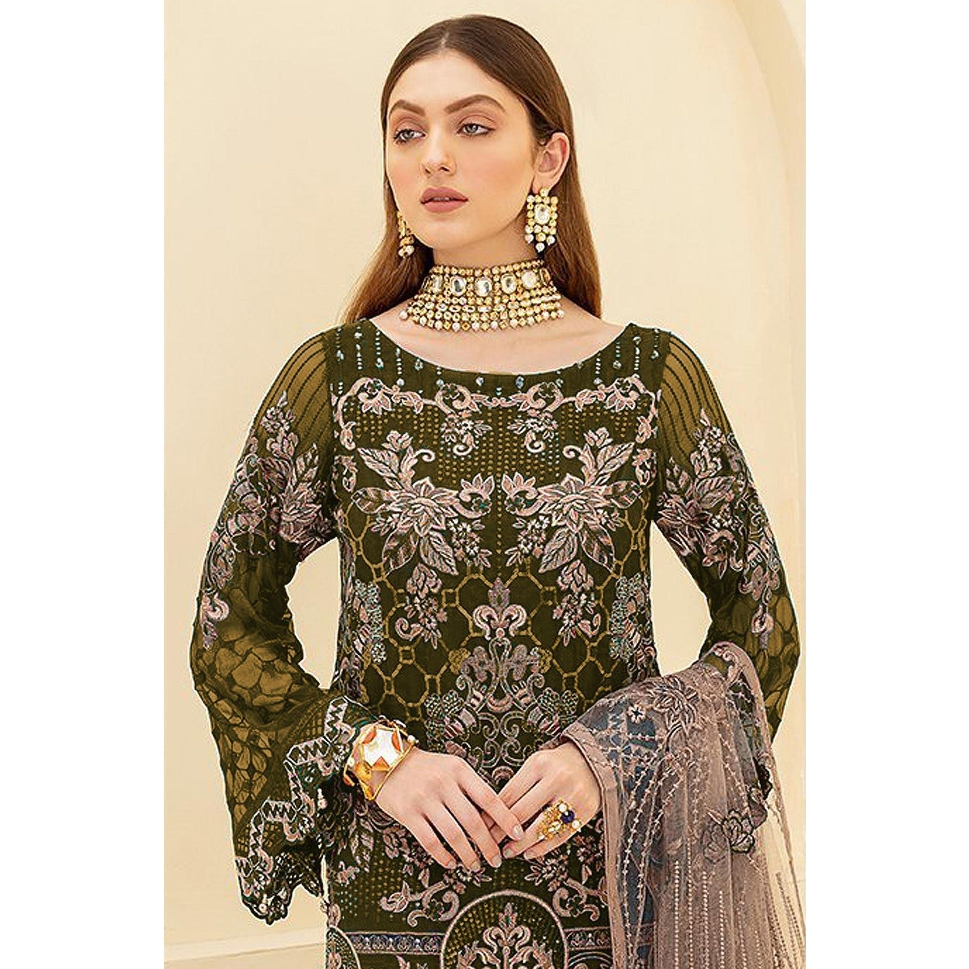 Mehendi Green Embroidered Georgette Pakistani Suit