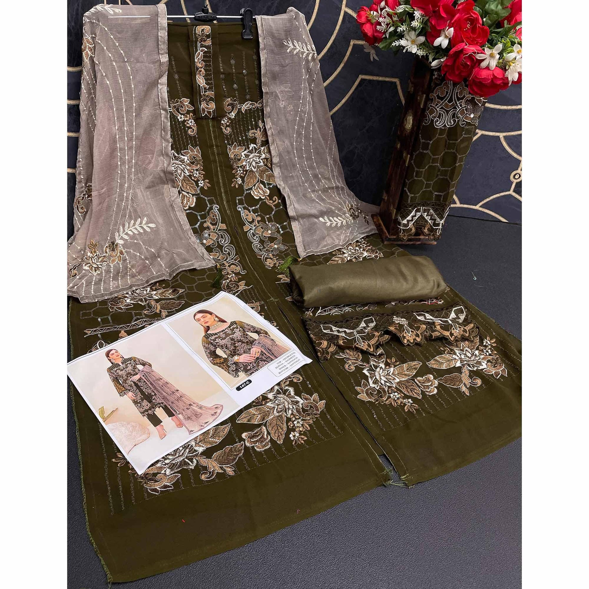 Mehendi Green Embroidered Georgette Pakistani Suit