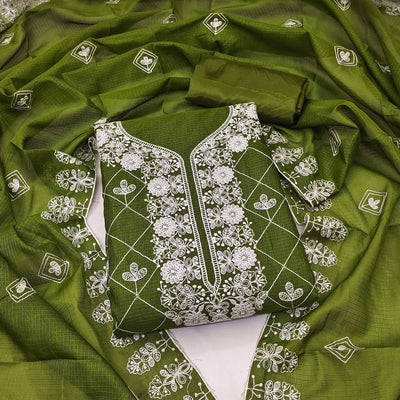 Mehendi Green Embroidered Kota Doria Dress Material