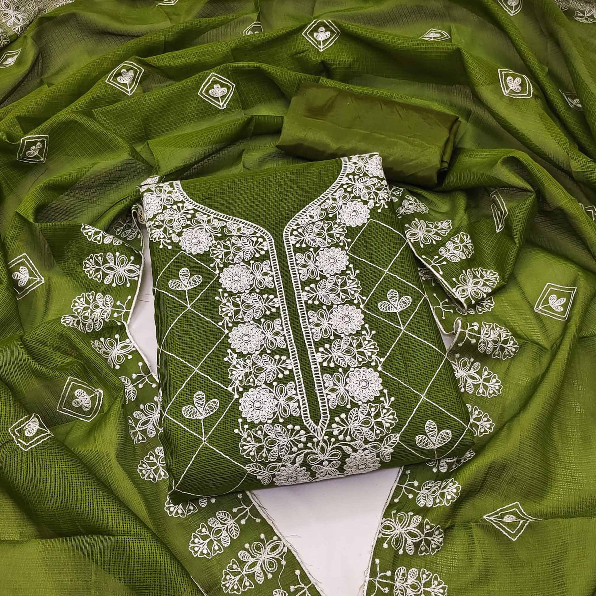 Mehendi Green Embroidered Kota Doria Dress Material