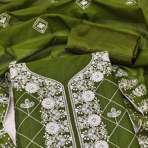 Mehendi Green Embroidered Kota Doria Dress Material