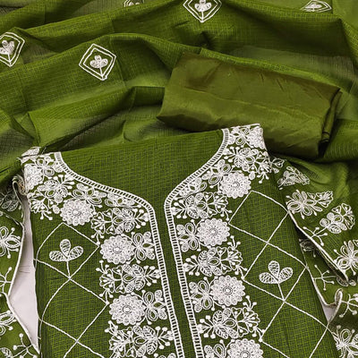 Mehendi Green Embroidered Kota Doria Dress Material