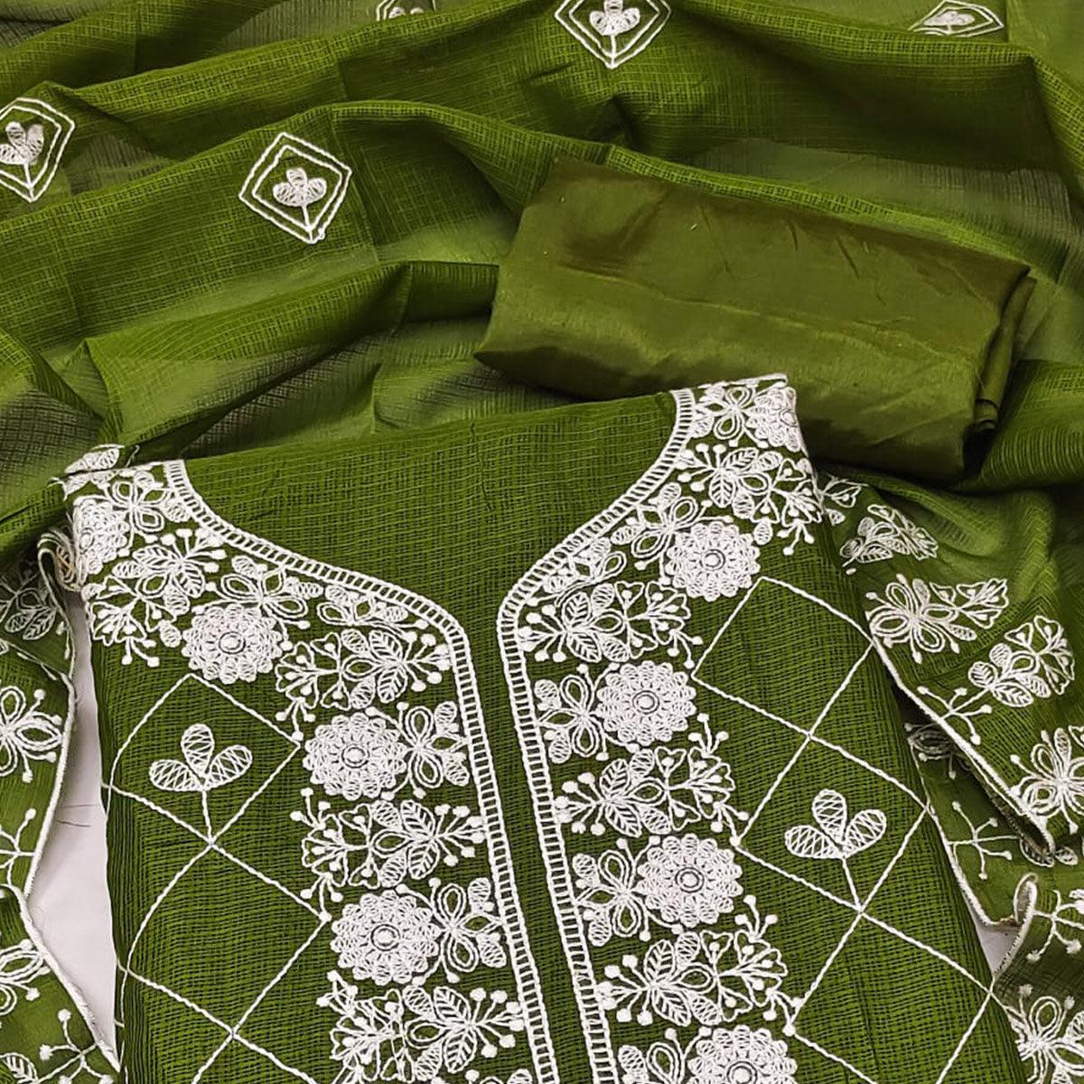 Mehendi Green Embroidered Kota Doria Dress Material