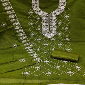 Mehendi Green Embroidered Kota Doria Dress Material