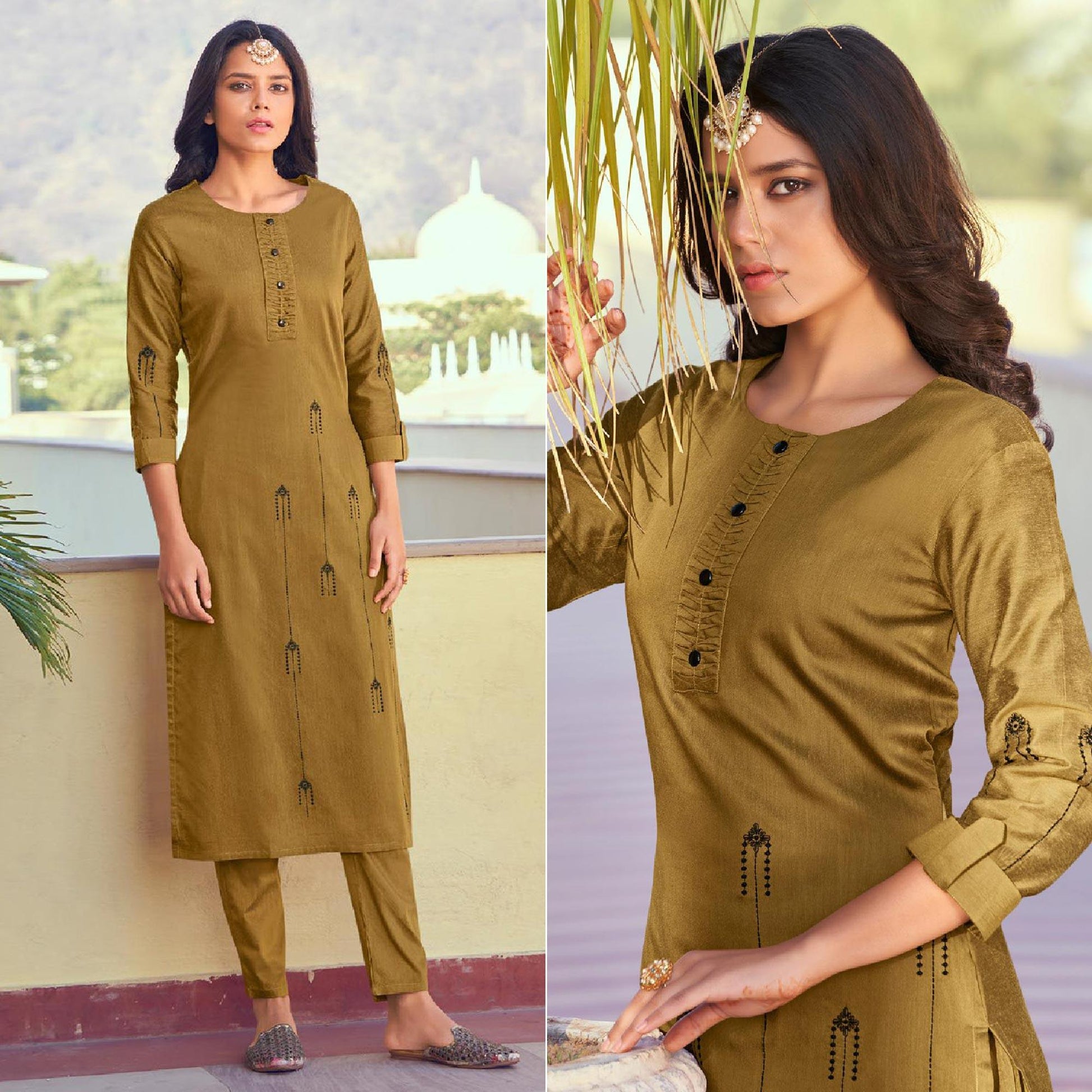 Mehendi Green Embroidered Viscose Kurti Pant Set