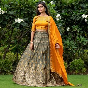 Mehendi Green Festive Wear Floral Embroidery With Woven Silk Lehenga Choli