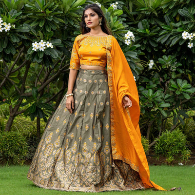 Mehendi Green Festive Wear Floral Embroidery With Woven Silk Lehenga Choli