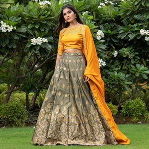Mehendi Green Festive Wear Floral Embroidery With Woven Silk Lehenga Choli