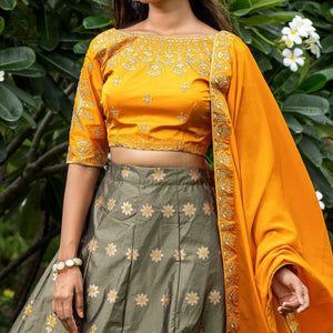 Mehendi Green Festive Wear Floral Embroidery With Woven Silk Lehenga Choli