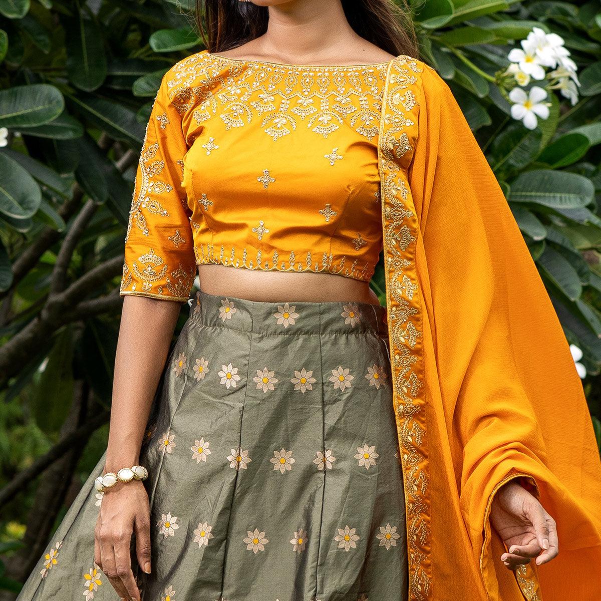 Mehendi Green Festive Wear Floral Embroidery With Woven Silk Lehenga Choli