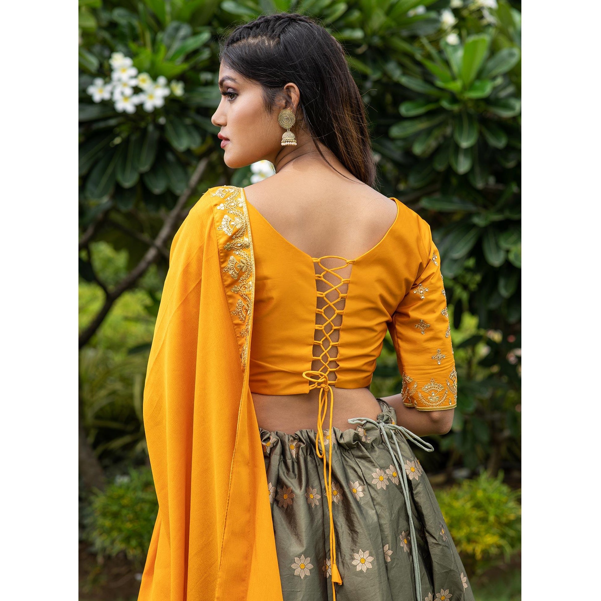 Mehendi Green Festive Wear Floral Embroidery With Woven Silk Lehenga Choli