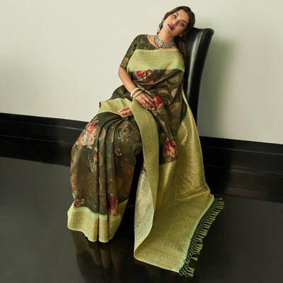 Mehendi Green Festive Wear Floral Printed Silk Saree With Woven Border
