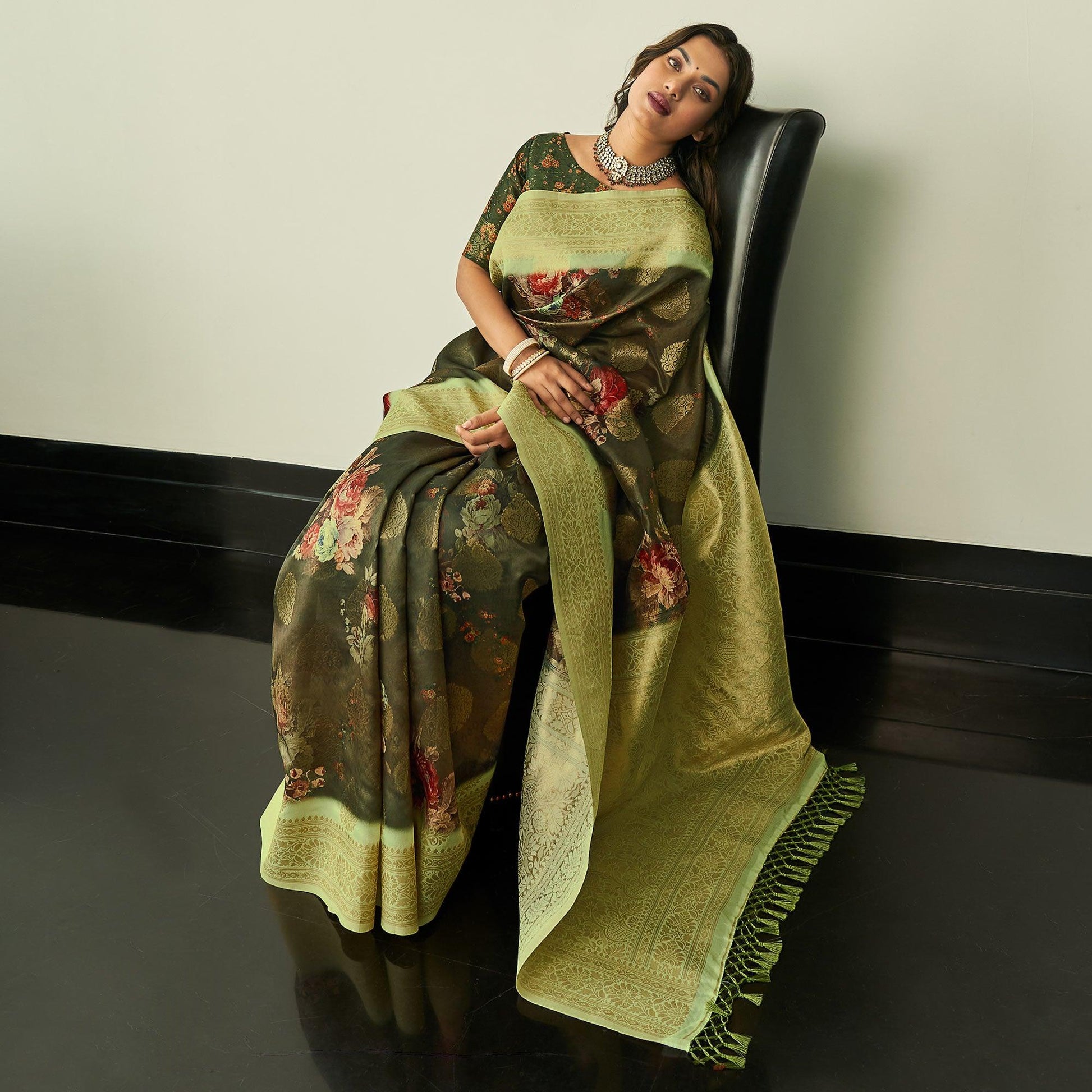 Mehendi Green Festive Wear Floral Printed Silk Saree With Woven Border