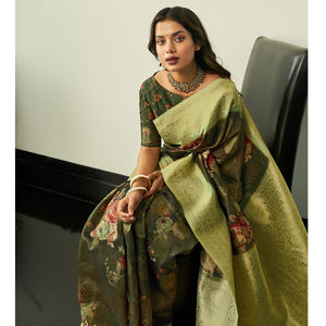 Mehendi Green Festive Wear Floral Printed Silk Saree With Woven Border
