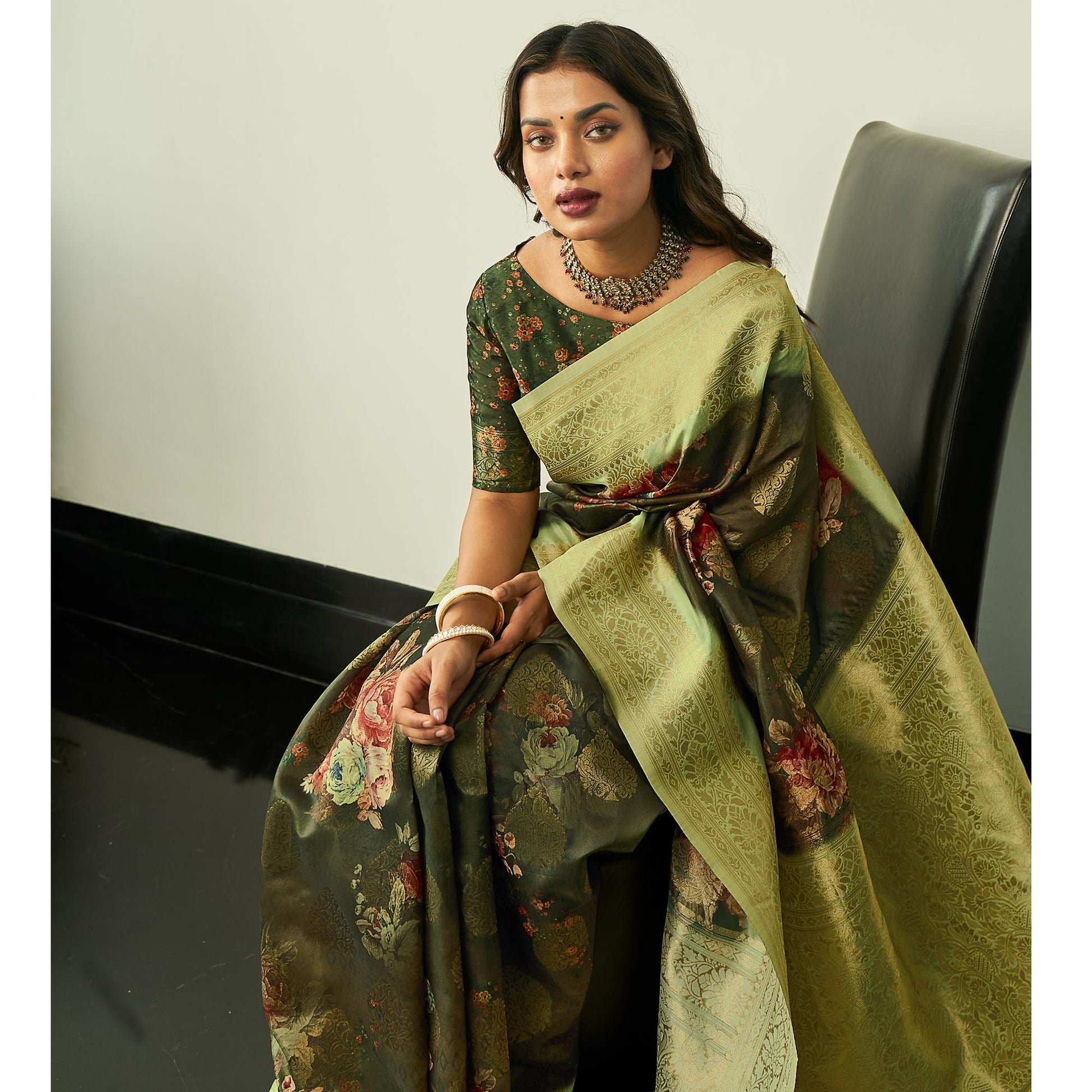 Mehendi Green Festive Wear Floral Printed Silk Saree With Woven Border
