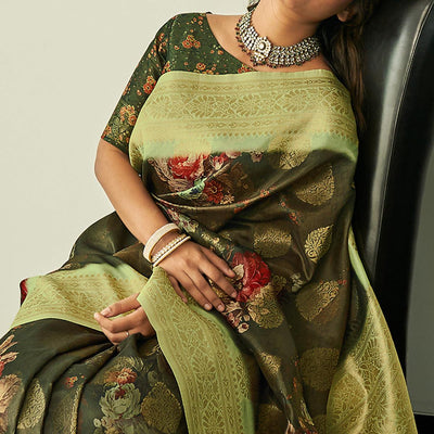 Mehendi Green Festive Wear Floral Printed Silk Saree With Woven Border