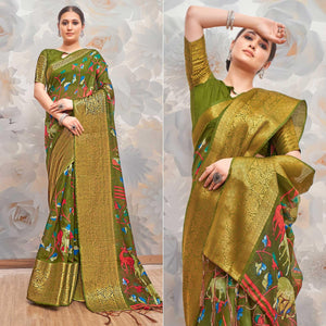 Mehendi Green Festive Wear Printed Cotton Silk Saree